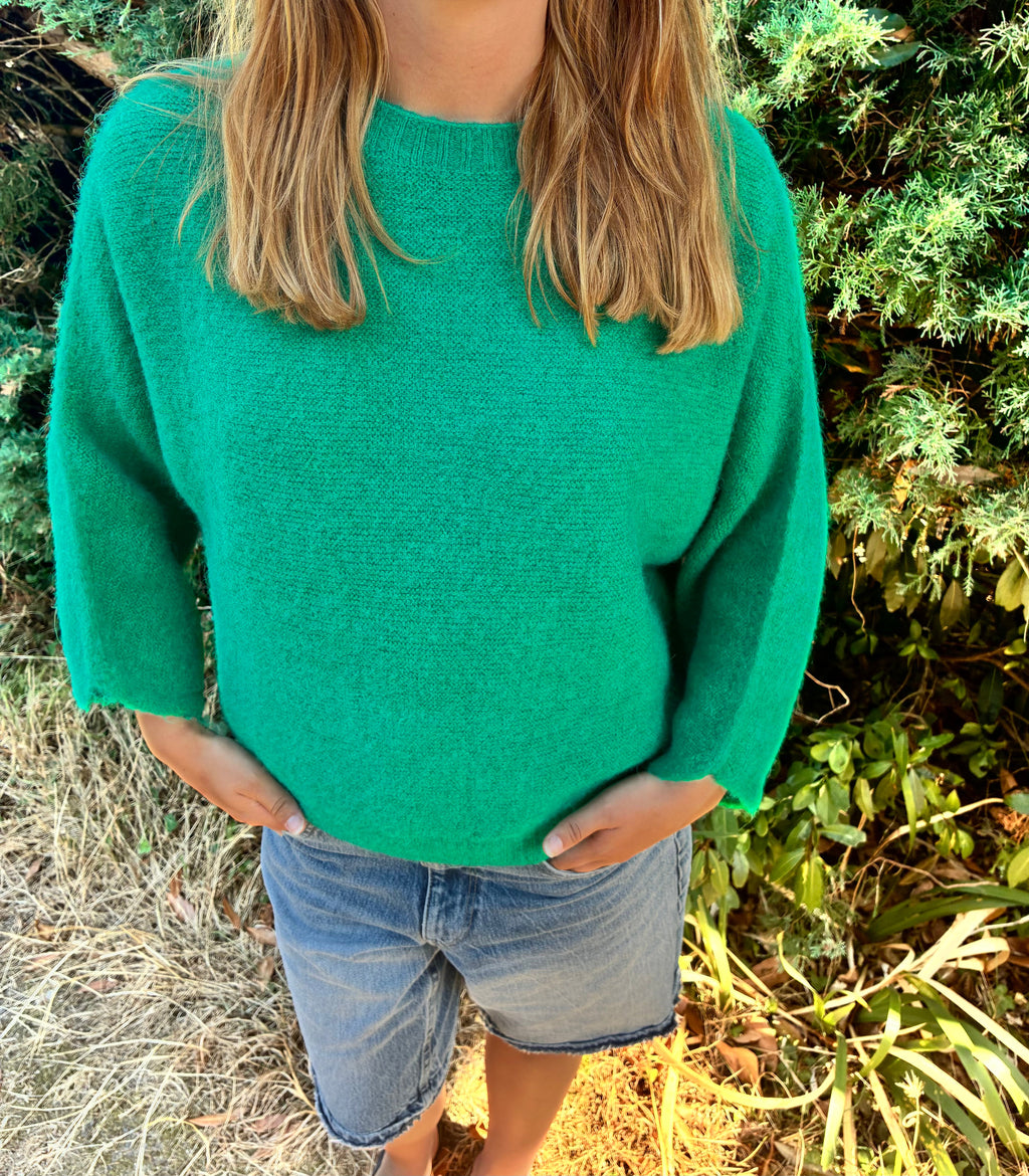 Pull vert à manches longues de la marque Le Vestiaire, confectionné en coton doux, porté sur un mannequin.